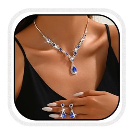 Fashband Bridal Necklace Set Silver Pendant Earrings Set Bride Wedding Jewelry Sets Rhinestone Prom Necklaces Accessories for Women (Blue)