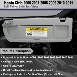 Left Driver Side Sun Visor Replacement Compatible with Honda Civic 2006 2007 2008 2009 2010 2011 Replaces# 83280-SNA-A01ZC Color Clear Gray
