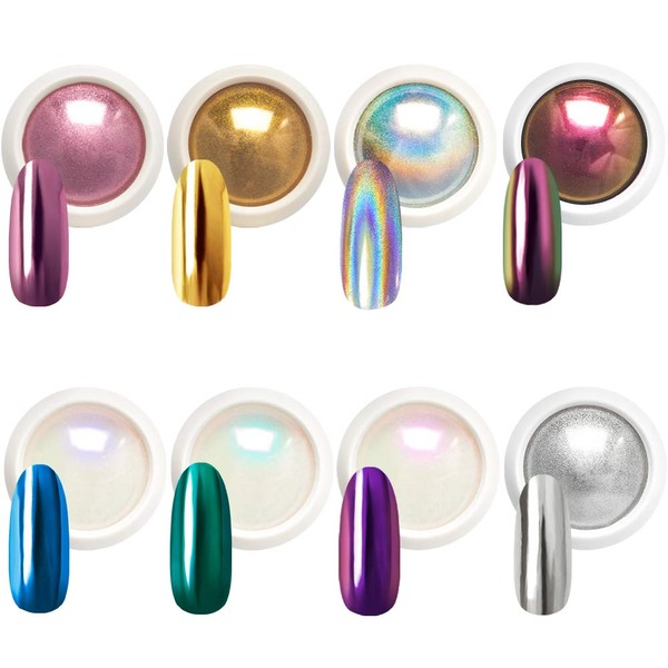 Beetles Chrome Nail Powder Mirror Effect Holographic Aurora Iridescent Pearlescent Manicure Art Decoration Glitter, 8 Colors 1g or 0.5g/Jar