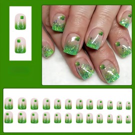 St. Patrick's Day Press on Nails Short Square Fake Nails with Shamrock Clover Design Green Sequins French Tip Acrylic False Nails Sparkle Glue on Nails Clover Nails Press ons for Girls Women 24Pcs