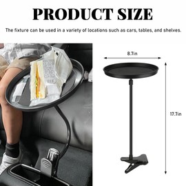 povtii Car Adjustable Food Tray, 360° Swivel Car Food Tray 8.7 Inch Diameter Storage Tray, Non-Slip Clip Type Snack Tray Swivel Dining Table for Vehicles, Interior Car Accessories (Black)