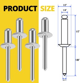 100PCS 1/4" x 1/2" Stainless Steel Rivets - Silver Aluminum Pop Rivets with Big Head Closed End Blind for Steel Duct and Work Marine