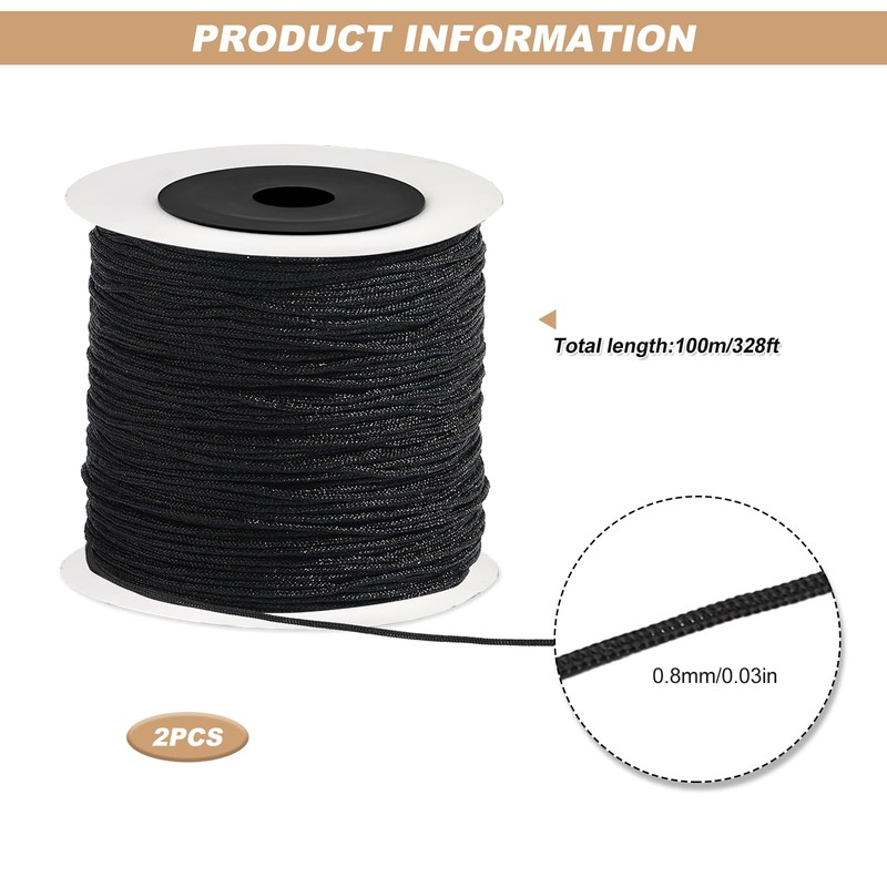 Black Nylon Cord for Bracelet Making, 0.8mm x 200m No-Elastic