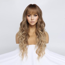 SIMKAYLEE Wavy Long Ombre Blonde Wig with Fringe for Women Dark Roots Long Curls Blonde Women's Wigs with Fringe and Dark Roots for Everyday Party Long Wavy Dirty Blonde Wig (66 cm)