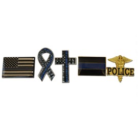 5-Piece Thin Blue Line Variety Distressed Ribbon, Cross, and Rectangle Lapel Pin or Hat Pin and Tie Tack Set with Clutch Back by Novel Merk