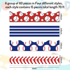 Whaline 69 Ft Baseball Bulletin Board Borders Red Blue Sport Ball Self-Adhesive Border Trim Scalloped & Straight Border Sticker Decals for Home Classroom Party Wall Decoration, 60 Pcs