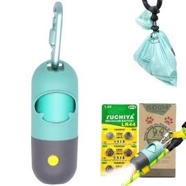 YUCHIYA Dog Poop Bags Holder with LED Flashlight, 15 Crystal Blue Bags, 3 Accessories, 3 LR44 Batteries Included