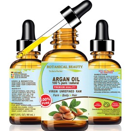 Botanical Beauty ARGAN OIL 100% Pure Natural VIRGIN UNREFINED Cold-Pressed Carrier Oil 2 Fl oz 60 ml for Face, Skin, Body, Hair, Lip, Nails. Rich in Vitamin E
