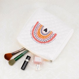 BUNCHBRAVO Boho Cosmetic Bag for Women – Rainbow Printed Cute Quilted Makeup Pouch Fabric Makeup Organizer with Zipper, White, White, Carry-On 8.8 x 7.8 Inch, Boho, Chic
