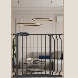 Fairy Baby Walk Through Black Baby Gate 34-38.5 Inch Wide, Pressure Mounted Safety Gate with Door No Drill, Tension Metal Gate for Dog and Toddler