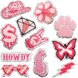 11Pcs Pink Preppy Iron on Patches Chenille Decorative Sew on Embroidered Patches Appliques Lightning Leopard DIY Arts Crafts Decoration Embroidered Patches for Clothing Jackets Jeans Caps Bags Repair