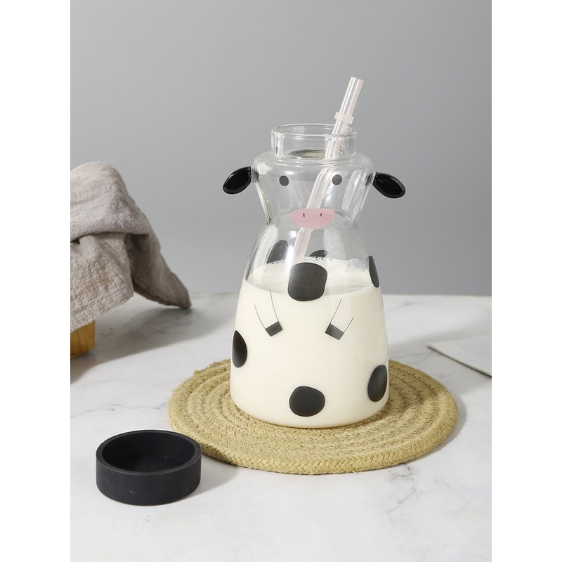600MLCreative Glass Straw Cup Cow Shape Glass Cup with Straw