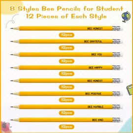 Spakon 96 Pcs Bee Pencils Bulk in 8 Styles for Operation Christmas Inspirational Bee Kind Pencils Funny HB Pencils for Christmas Bee Party Decorations Bee Themed Gifts Bee Party Favors