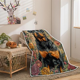Uokiuki Rottweiler Blanket, Cute Puppy Farm Dog Lazy Animal Pattern Cozy Warm Bed Couch Blanket, Colorful Floral Flower Spring White Fleece Flannel Throws to Decorate The Room and Bedroom