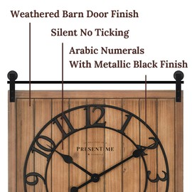 Presentime & Co Farmhouse Barn Door Clock, Shiplap Style, Brown Wood Color, Silent No Ticking, 3D Arabic Numeral, 23" H x 21" W. Home Decoration/Wall Decoration/Farmhouse Décor