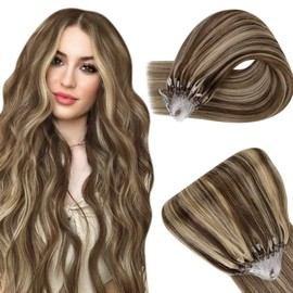 Easyouth Brown Micro Ring Extensions Highlighted Micro Ring Real Hair Extensions Natural Straight Micro Ring Extensions Colour Medium Brown Mix Honey Blonde 20 Inches 50 g