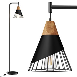 Alrryo 67" Industrial Floor Lamp with Wood & Black Metal Shade, Modern Standing Lamp, Rustic Farmhouse Tall Lamp for Living Room Bedroom Office, 2700K Bulb & Foot Switch Included (Black)