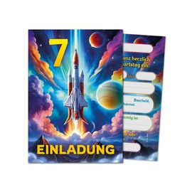 12 Invitation Cards Including 12 Envelopes for 7th Children's Birthday Boys Girls Rocket Cool Colourful Invitations Seventh Birthday Children Boys Birthday Space Birthday Invitations