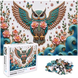 crowm Flower Owl Jigsaw Puzzles for Adults 1000 Pieces, Colorful Floral 3D Art Puzzles Challenging Embossed Fantasy Owl Puzzles as Animal Decor for Nature Lovers
