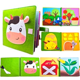 MOVEBO Montessori Quiet Book for Kids 1-3: Felt Busy Book for Toddlers, Ideal Toys for Car Rides - Carry on Travel Quiet Activity Book with Soft Fabric Material (Green Cow)