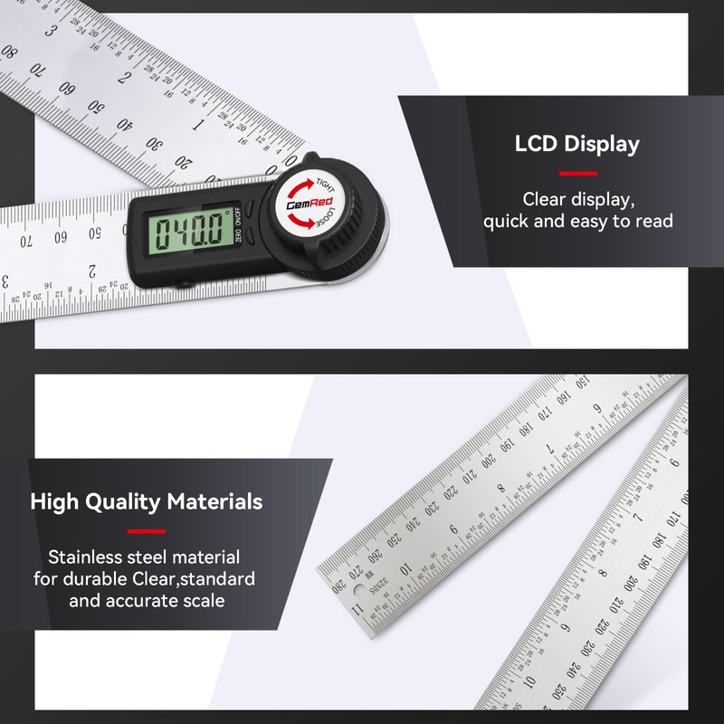 GemRed Digital Protractor Stainless Steel 600 mm Angle Gauge with