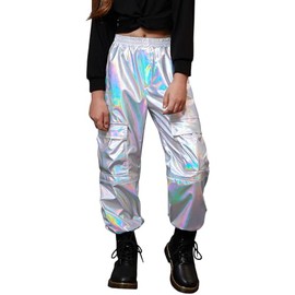 Perfashion Cargo Pants Women Silver 80S 90S Sweatpants Kids Dance Women Neon Rave Metallic Pants Festival XL