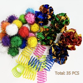 hersmile Cat Toys for Indoor,35 Pack Interactive Cat Toy Pack Including Crinkle Balls,Sparkle Balls,Spiral Springs for Most Cats,Interactive Toys for Cats Ball Toys Products Kitten Toys Random Color