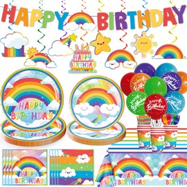 Cocomigo 188pcs Rainbow Birthday Decorations, Rainbow Party Decorations Tableware Set Includes Rainbow Plates Rainbow Balloons Rainbow Happy Birthday Banner Etc for Girls & Boys Birthday, Serves 25