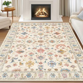 RELEANY 6x9 Area Rug Print Washable for Living Room Low Pile Non Slip Soft Thin Carpet Boho Vintage Floral Rug Stain Resistant for Bedroom Dining Room Kitchen Playroom Creamwhite