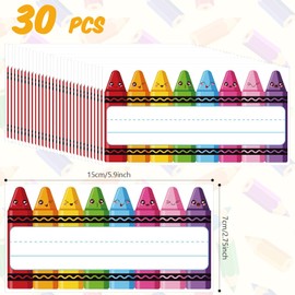 30 Pieces Crayons Name Tags Colorful Cartoon Crayon Expression Nameplate First of School Crayons Name Label Stickers Decorative for Back to School Party Desk Wall Message Board