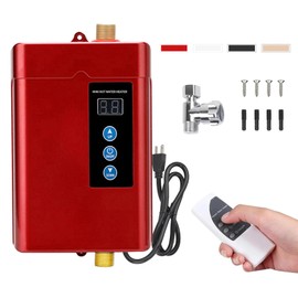 Tankless Water Heater Electric,110v 3000w Instant Water Heater with Remote Control, Water Temperature Regulating Valve and Adjustable Temperature, LCD Digital Display for Kitchen and Bathroom, Red