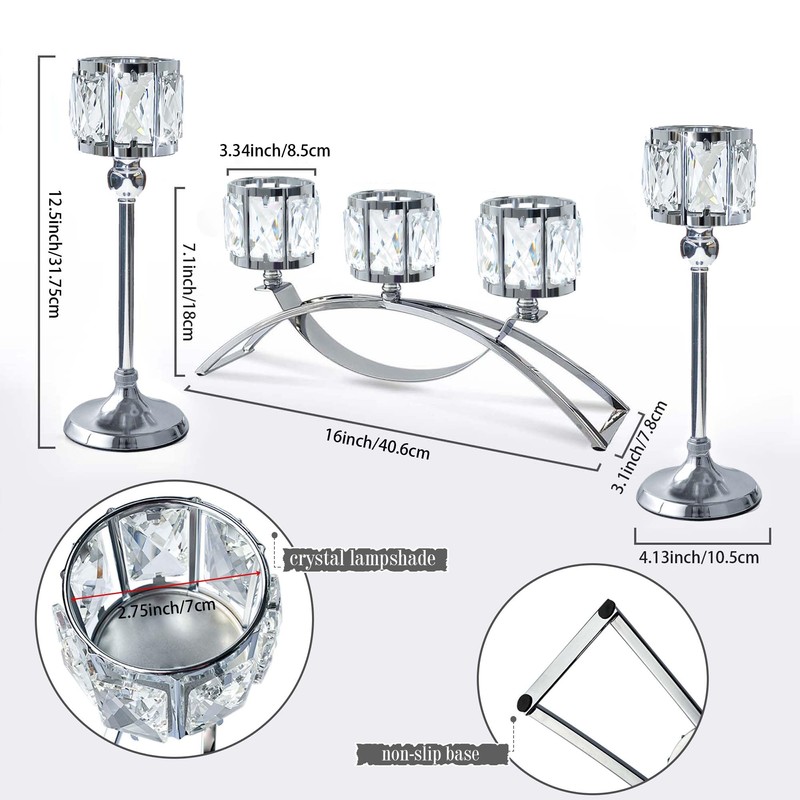 KEHAIL 3 Arms Crystal Candle Holders, Arch Candlestick Table Candelabras