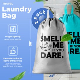 Travel Laundry Bag - 2-Pack - Fun Print Design Bags for Dirty Clothes, Extra Large Capacity, Durable Water Resistant Fabric, Sturdy Drawstring Closure (Teal-Grey | Smell Me If You Dare)