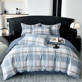HighBuy Geometric Plaid Duvet Cover Set King 100% Brushed Cotton Buffalo Grid White Blue Buffalo Checkered Bedding Set Gingham Bedding Comforter Cover with Zipper,2 Pillowcases