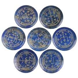 KYEYGWO 7 Piece Lapis Lazuli Round Healing Crystal Set with Engraved Magic Archangel Symbols, Stone Chakra Plamstone Reiki Healing Stone Pocket Stones Desktop Ornament for Divination, Meditation