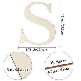 Large Wooden Letters 12 Inch Paintable Wood Letter S for Wall Decor, 1/5 Inch Thick Wooden Alphabet Letters Cutouts for DIY Crafts Project Unfinished Wood Birthday Wedding Party Home Decoration