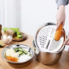 3 pieces of multifunctional stainless steel basin, 3 in 1 Multifunctional vegetable cutter with grater lid Stainless steel bowl, strainer, drain basket, salad bowl (26 cm/10.24 inches)