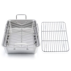 Roasting Pan, E-far 15.2 Inch Stainless steel Turkey Roaster with Rack - Deep Broiling Pan & V-shaped Rack & Flat Rack, Non-toxic & Heavy Duty, Easy Clean & Dishwasher Safe