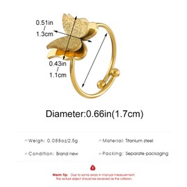 Butterfly Ring for Women Stainless Steel Non Tarnish Adjustable Statement Gold Silver Dainty Jewelry Gift (Gold)