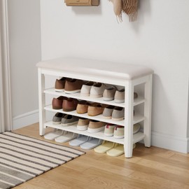 AQIMUELE Shoe Bench with Leather Cushion, 3 Tiers Shoe Storage Bench Height Adjustable, Walnut Wood Entryway Bench for Hallway, Mudroom