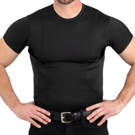 CCW Tactical Concealed Carry Holster Shirt | Quick Access Open Pocket with Large Storage | All Season Moisture Wicking Compression Shirt | Mens Crew, Black 5XL