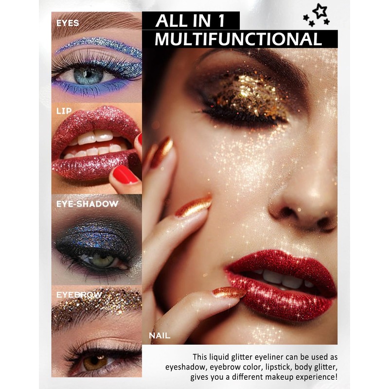 3Pcs Glitter Eyeliner Liquid Liner, Metallic Shimmer Glitter Eyeliner Gel