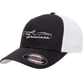 1955 1956 Ford Fairlane Convertible Outline Design Flexfit Trucker Mesh Fitted Cap Black/White