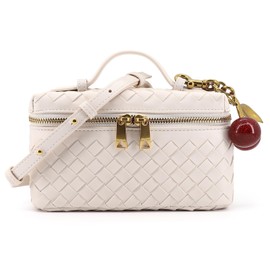 Woven Crossbody Bags for Women Trendy Clutch Purse Bag Small Top Handle Leather Handbag with Cherry Charm (Beige)