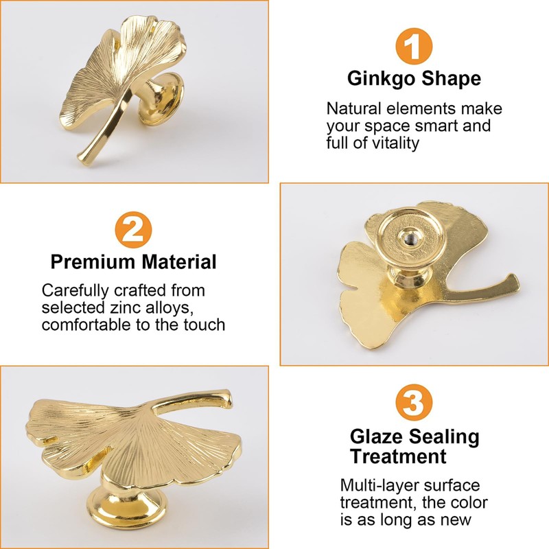 MOROBOR 6PCS Ginkgo Cupboard Knobs, Solid Metal Drawer Pulls, Creative