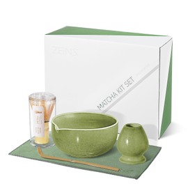 ZENS Matcha Whisk Set, 17oz Ceramic Matcha Bowl with Spout and Bamboo Whisk, (Chasen Holder) Scoop & Tea Towel, 5pcs Matcha Kit for Matcha Lovers, Emerald Green