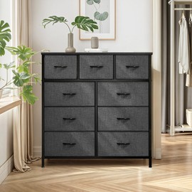 GOOBED Dresser with 9 Drawers - Fabric Storage Tower, Tall Chest Organizer Unit for Living Room, Entryway with Sturdy Steel Frame, Wooden Top, Cool Black Grey