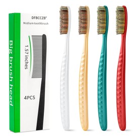 Juego de 4 cepillos de dientes de cabeza grande, tamaño mediano, súper duro, cabeza larga, para adultos, limpieza de manchas, blanqueamiento de dientes