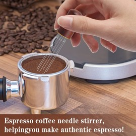 Espresso Distribution Tool 6 Needle Espresso Coffee Stirrer 0.4mm Thick Espresso Stirrer with Nature Wood Handle and Stand Coffee Stirrer Tool with Coffee Art Pen and Coffee Brush for Barista