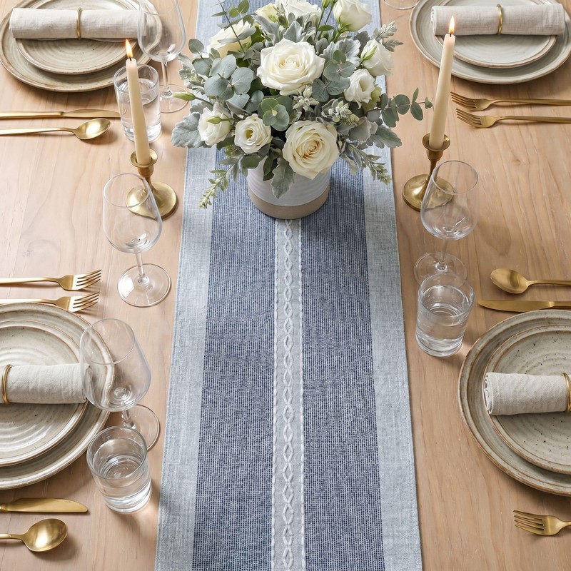 Blue Braided Striped Rustic Chenille Table Runner, Seasonal Embroidered Kitchen